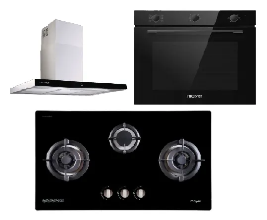 Mayer MMGH883/SS883 86cm 3 Burner Stainless Steel Gas Hob   MMCH407I 90cm Chimney Hood   MMDO8R 60 cm Built-in Oven with Smoke Ventilation