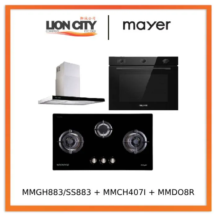 Mayer MMGH883/SS883 86cm 3 Burner Stainless Steel Gas Hob   MMCH407I 90cm Chimney Hood   MMDO8R 60 cm Built-in Oven with Smoke Ventilation
