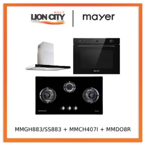 Mayer MMGH883/SS883 86cm 3 Burner Stainless Steel Gas Hob   MMCH407I 90cm Chimney Hood   MMDO8R 60 cm Built-in Oven with Smoke Ventilation