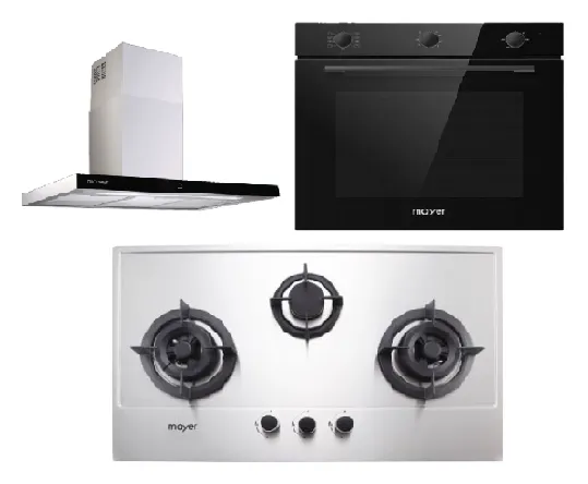 Mayer MMGH883/SS883 86cm 3 Burner Stainless Steel Gas Hob   MMCH407I 90cm Chimney Hood   MMDO8R 60 cm Built-in Oven with Smoke Ventilation