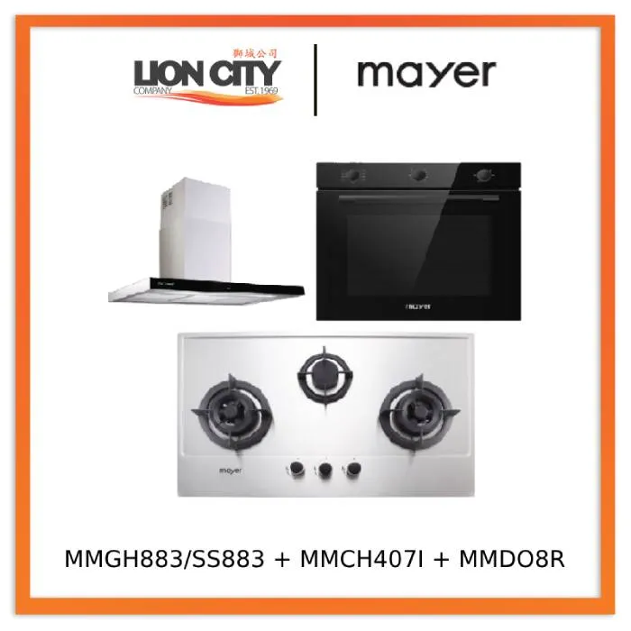 Mayer MMGH883/SS883 86cm 3 Burner Stainless Steel Gas Hob   MMCH407I 90cm Chimney Hood   MMDO8R 60 cm Built-in Oven with Smoke Ventilation