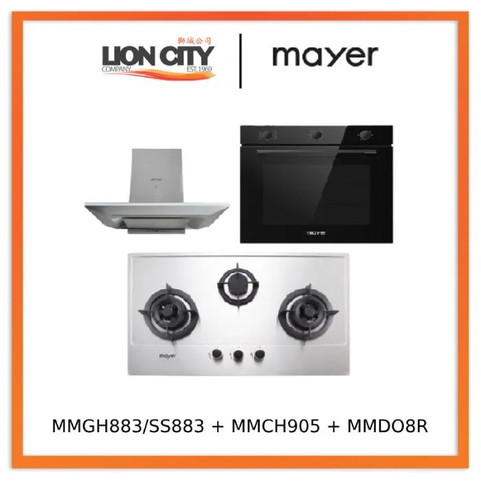 Mayer MMGH883/SS883 86cm 3 Burner Stainless Steel Gas Hob   MMCH905 90cm Chimney Hood   MMDO8R 60 cm Built-in Oven with Smoke Ventilation