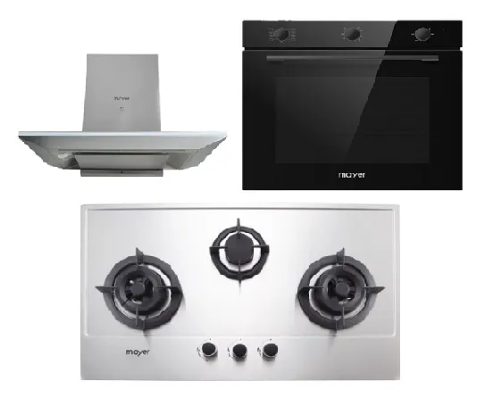 Mayer MMGH883/SS883 86cm 3 Burner Stainless Steel Gas Hob   MMCH905 90cm Chimney Hood   MMDO8R 60 cm Built-in Oven with Smoke Ventilation