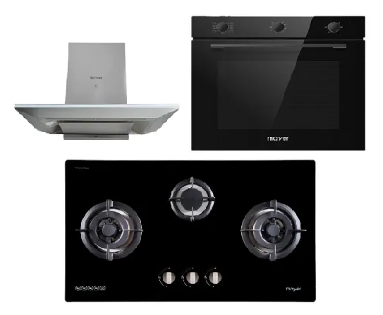 Mayer MMGH883/SS883 86cm 3 Burner Stainless Steel Gas Hob   MMCH905 90cm Chimney Hood   MMDO8R 60 cm Built-in Oven with Smoke Ventilation