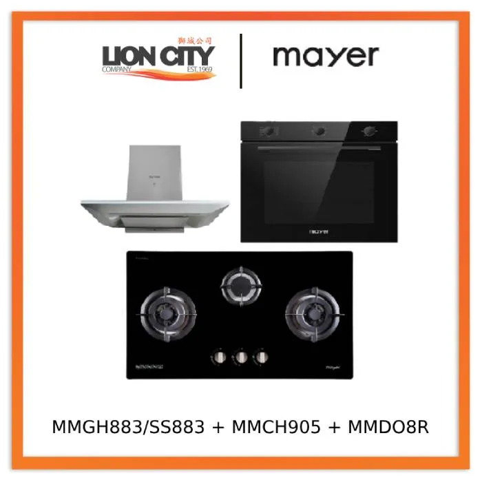 Mayer MMGH883/SS883 86cm 3 Burner Stainless Steel Gas Hob   MMCH905 90cm Chimney Hood   MMDO8R 60 cm Built-in Oven with Smoke Ventilation