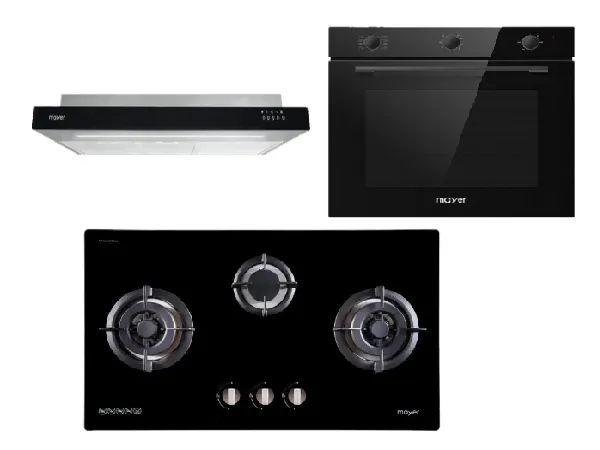 Mayer MMGH883/SS883 86cm 3 Burner Stainless Steel Gas Hob   MMSI900LEDHS 90cm Semi-integrated Slimline Hood   MMDO8R 60 cm Built-in Oven with Smoke Ventilation