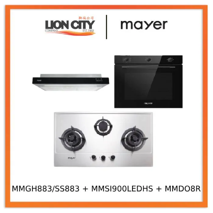 Mayer MMGH883/SS883 86cm 3 Burner Stainless Steel Gas Hob   MMSI900LEDHS 90cm Semi-integrated Slimline Hood   MMDO8R 60 cm Built-in Oven with Smoke Ventilation