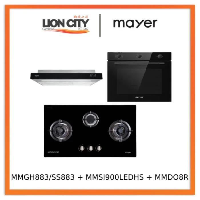 Mayer MMGH883/SS883 86cm 3 Burner Stainless Steel Gas Hob   MMSI900LEDHS 90cm Semi-integrated Slimline Hood   MMDO8R 60 cm Built-in Oven with Smoke Ventilation