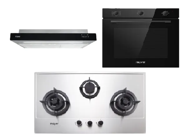Mayer MMGH883/SS883 86cm 3 Burner Stainless Steel Gas Hob   MMSI900LEDHS 90cm Semi-integrated Slimline Hood   MMDO8R 60 cm Built-in Oven with Smoke Ventilation