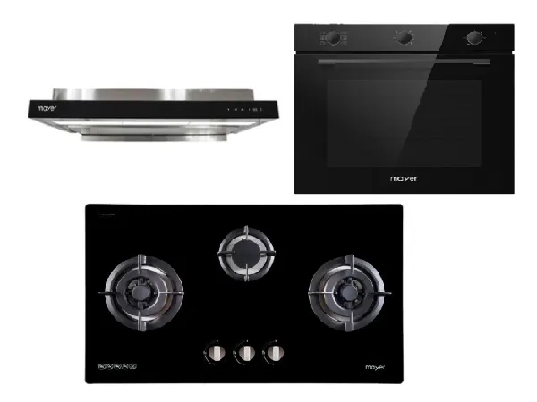 Mayer MMGH883/SS883 86cm 3 Burner Stainless Steel Gas Hob   MMSI903OT Cm Semi-integrated Hood With Oil Tray   MMDO8R 60 cm Built-in Oven with Smoke Ventilation