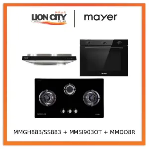Mayer MMGH883/SS883 86cm 3 Burner Stainless Steel Gas Hob   MMSI903OT Cm Semi-integrated Hood With Oil Tray   MMDO8R 60 cm Built-in Oven with Smoke Ventilation