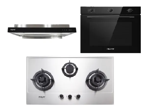 Mayer MMGH883/SS883 86cm 3 Burner Stainless Steel Gas Hob   MMSI903OT Cm Semi-integrated Hood With Oil Tray   MMDO8R 60 cm Built-in Oven with Smoke Ventilation