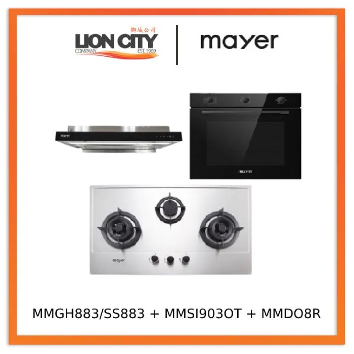 Mayer MMGH883/SS883 86cm 3 Burner Stainless Steel Gas Hob   MMSI903OT Cm Semi-integrated Hood With Oil Tray   MMDO8R 60 cm Built-in Oven with Smoke Ventilation