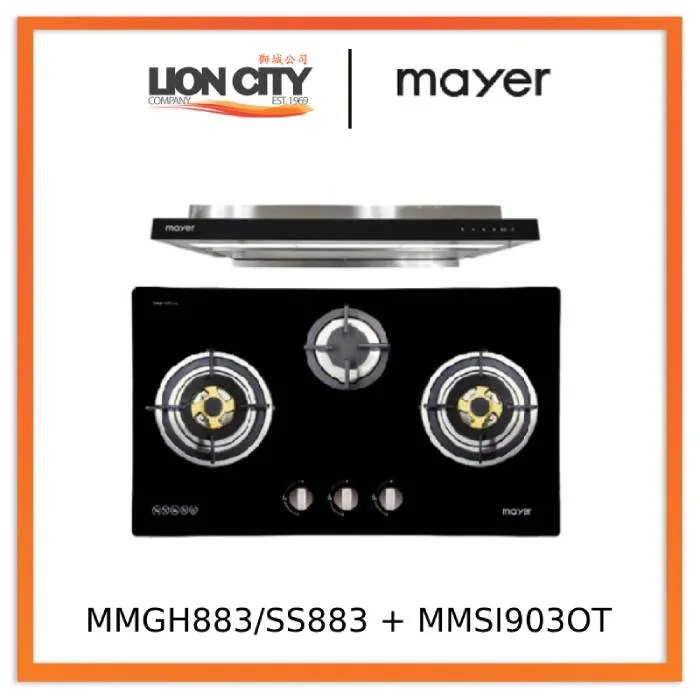 Mayer MMGH883/SS883 86cm 3 Burner Stainless Steel Gas Hob   MMSI903OT Cm Semi-integrated Hood With Oil Tray