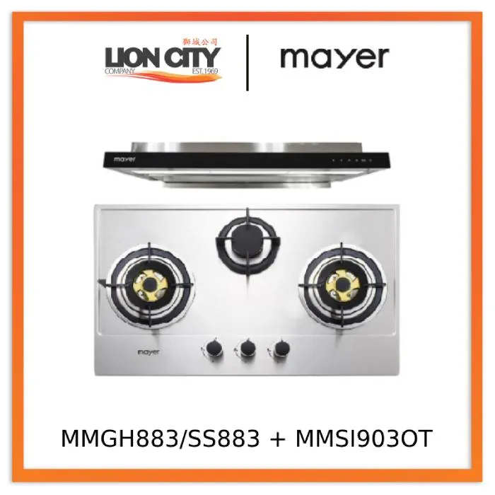 Mayer MMGH883/SS883 86cm 3 Burner Stainless Steel Gas Hob   MMSI903OT Cm Semi-integrated Hood With Oil Tray