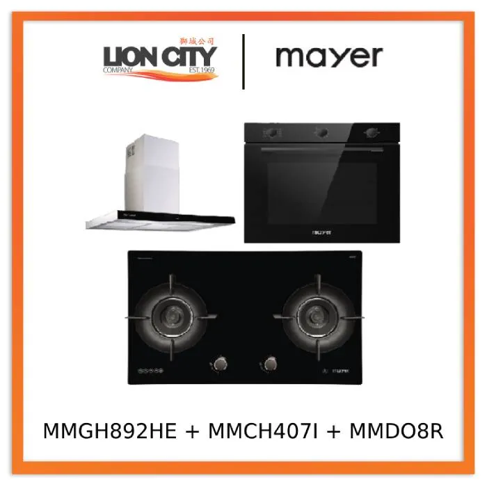 Mayer MMGH892HE 86cm 2 Burner Gas Hob   MMCH407I 90cm Chimney Hood   MMDO8R 60 cm Built-in Oven with Smoke Ventilation