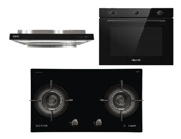 Mayer MMGH892HE 86cm 2 Burner Gas Hob   MMSI903OT Cm Semi-integrated Hood With Oil Tray   MMDO8R 60 cm Built-in Oven with Smoke Ventilation