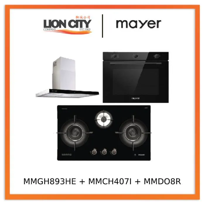 Mayer MMGH893HE 86cm 3 Burner Gas Hob   MMCH407I 90cm Chimney Hood   MMDO8R 60 cm Built-in Oven with Smoke Ventilation