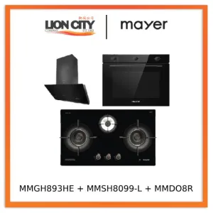 Mayer MMGH893HE 86cm 3 Burner Gas Hob   MMSH8099-L Angled Chimney Hood   MMDO8R 60 cm Built-in Oven with Smoke Ventilation