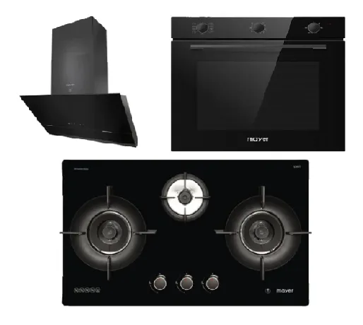 Mayer MMGH893HE 86cm 3 Burner Gas Hob   MMSH8099-L Angled Chimney Hood   MMDO8R 60 cm Built-in Oven with Smoke Ventilation