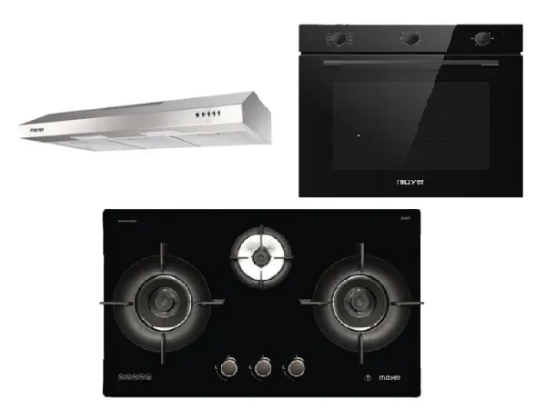 Mayer MMGH893HE 86cm 3 Burner Gas Hob   MMSL901SM 90 Cm Slimline Hood   MMDO8R 60 cm Built-in Oven with Smoke Ventilation