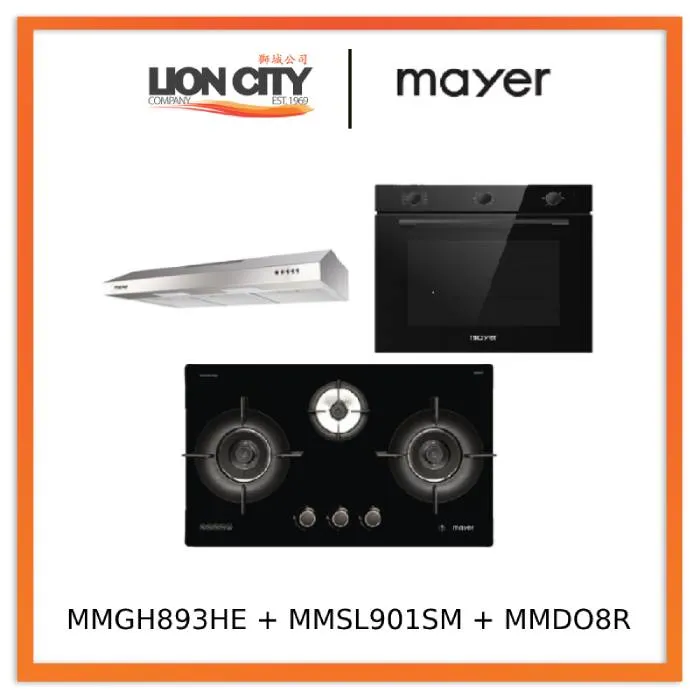 Mayer MMGH893HE 86cm 3 Burner Gas Hob   MMSL901SM 90 Cm Slimline Hood   MMDO8R 60 cm Built-in Oven with Smoke Ventilation