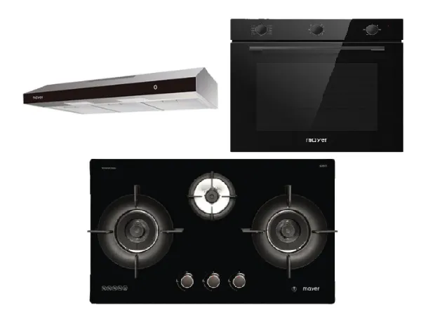 Mayer MMGH893HE 86cm 3 Burner Gas Hob   MMSL902BE  90cm Slimline Hood   MMDO8R 60 cm Built-in Oven with Smoke Ventilation