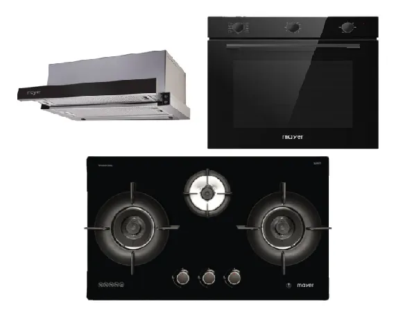 Mayer MMGH893HE 86cm 3 Burner Gas Hob   MMTH90 Telescopic Hood   MMDO8R 60 cm Built-in Oven with Smoke Ventilation