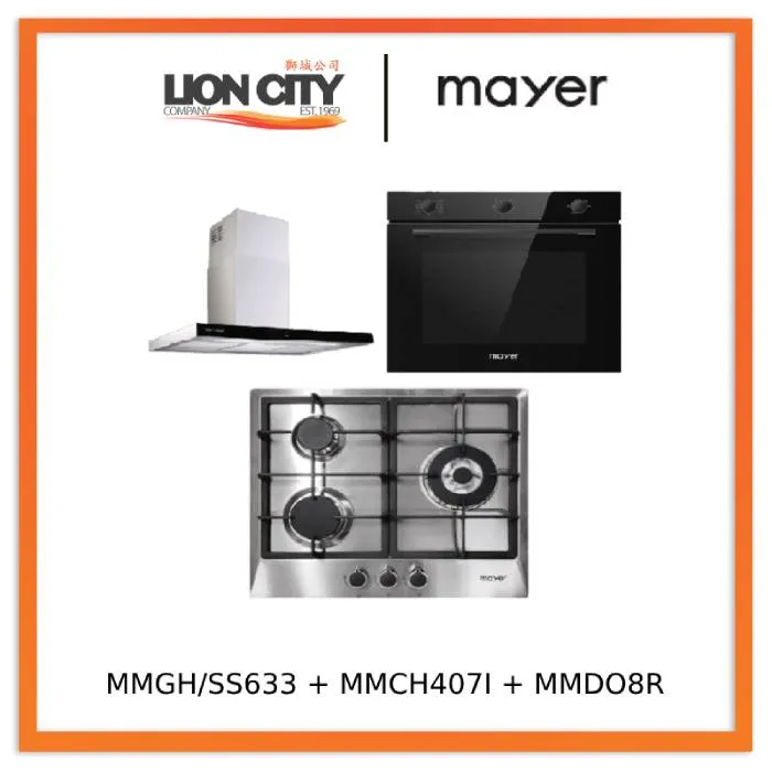 Mayer MMGH/SS633 60cm 3 Burner Glass Gas Hob   MMCH407I 90cm Chimney Hood   MMDO8R 60 cm Built-in Oven with Smoke Ventilation