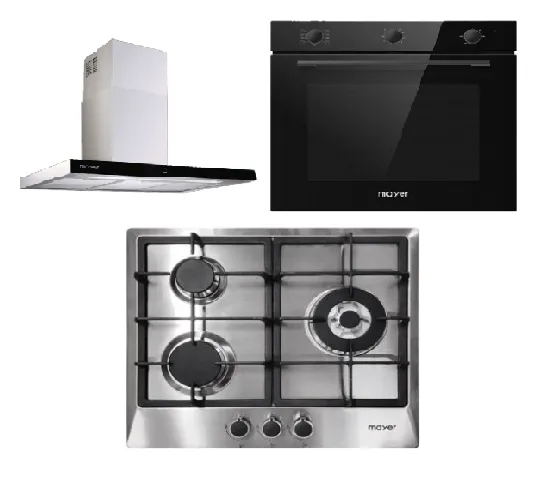 Mayer MMGH/SS633 60cm 3 Burner Glass Gas Hob   MMCH407I 90cm Chimney Hood   MMDO8R 60 cm Built-in Oven with Smoke Ventilation