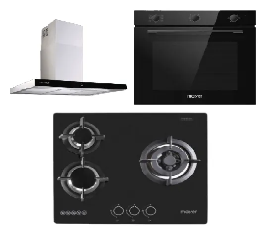 Mayer MMGH/SS633 60cm 3 Burner Glass Gas Hob   MMCH407I 90cm Chimney Hood   MMDO8R 60 cm Built-in Oven with Smoke Ventilation