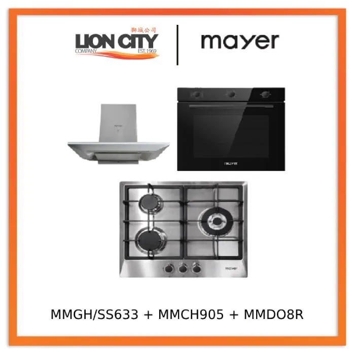 Mayer MMGH/SS633 60cm 3 Burner Glass Gas Hob   MMCH905 90cm Chimney Hood   MMDO8R 60 cm Built-in Oven with Smoke Ventilation