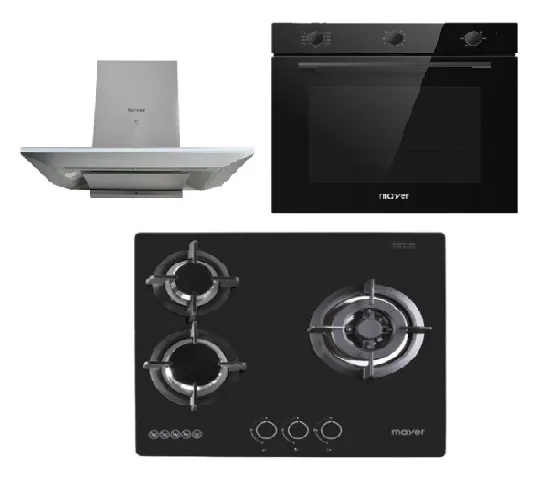 Mayer MMGH/SS633 60cm 3 Burner Glass Gas Hob   MMCH905 90cm Chimney Hood   MMDO8R 60 cm Built-in Oven with Smoke Ventilation