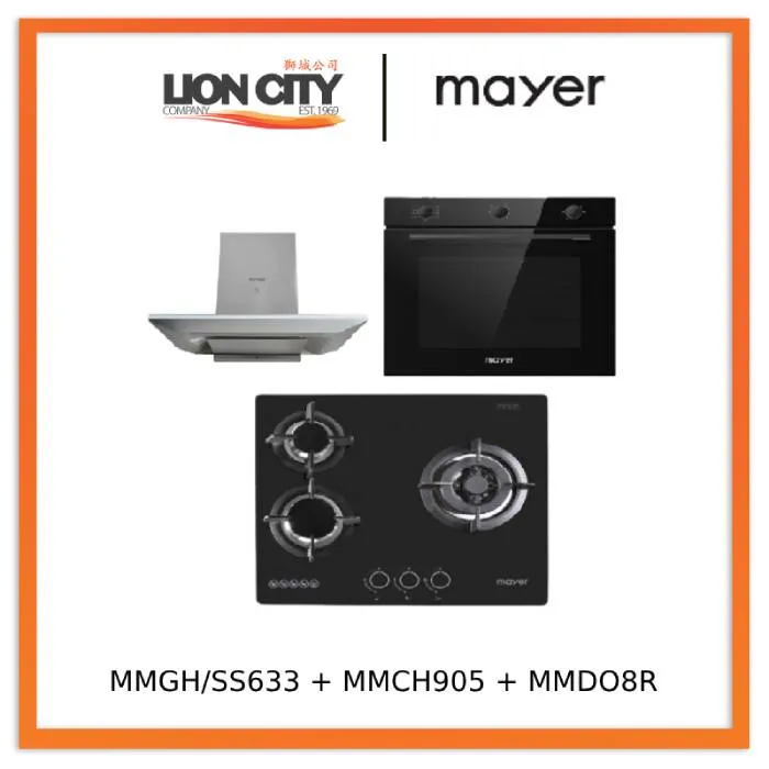 Mayer MMGH/SS633 60cm 3 Burner Glass Gas Hob   MMCH905 90cm Chimney Hood   MMDO8R 60 cm Built-in Oven with Smoke Ventilation