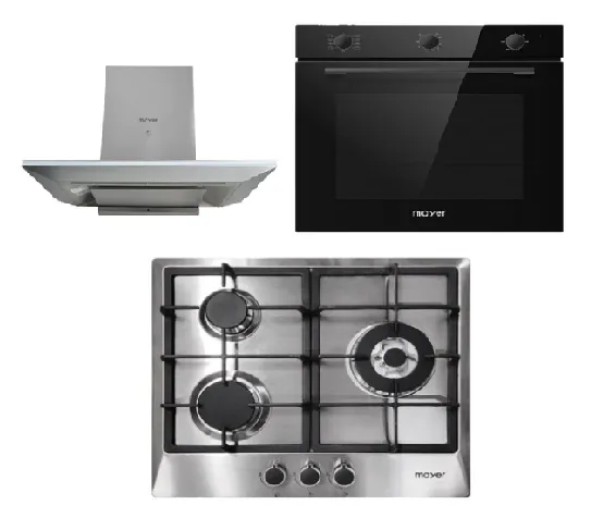 Mayer MMGH/SS633 60cm 3 Burner Glass Gas Hob   MMCH905 90cm Chimney Hood   MMDO8R 60 cm Built-in Oven with Smoke Ventilation