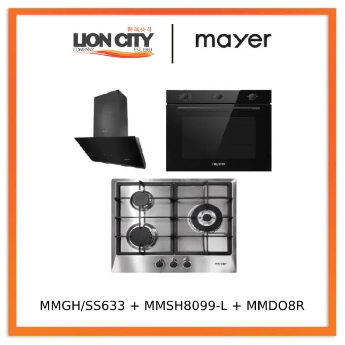 Mayer MMGH/SS633 60cm 3 Burner Glass Gas Hob   MMSH8099-L Angled Chimney Hood   MMDO8R 60 cm Built-in Oven with Smoke Ventilation