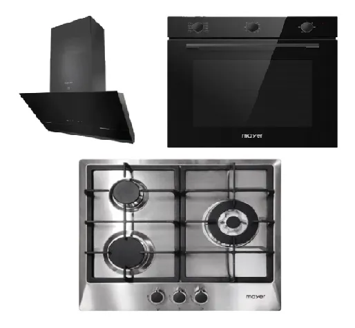 Mayer MMGH/SS633 60cm 3 Burner Glass Gas Hob   MMSH8099-L Angled Chimney Hood   MMDO8R 60 cm Built-in Oven with Smoke Ventilation
