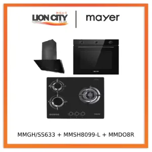 Mayer MMGH/SS633 60cm 3 Burner Glass Gas Hob   MMSH8099-L Angled Chimney Hood   MMDO8R 60 cm Built-in Oven with Smoke Ventilation
