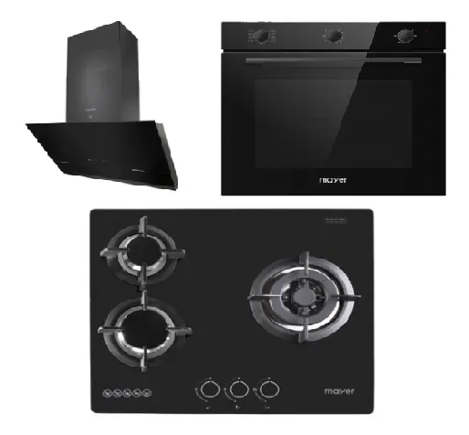 Mayer MMGH/SS633 60cm 3 Burner Glass Gas Hob   MMSH8099-L Angled Chimney Hood   MMDO8R 60 cm Built-in Oven with Smoke Ventilation
