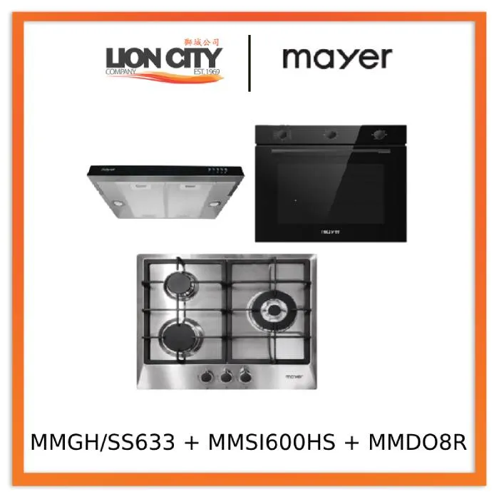 Mayer MMGH/SS633 60cm 3 Burner Glass Gas Hob   MMSI600HS 60 Cm Semi-integrated Slimline Hood   MMDO8R 60 cm Built-in Oven with Smoke Ventilation
