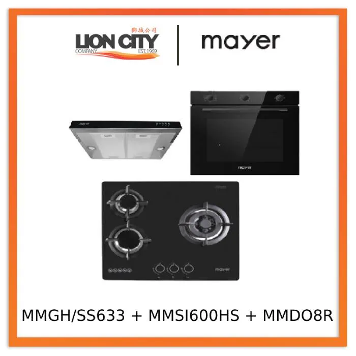 Mayer MMGH/SS633 60cm 3 Burner Glass Gas Hob   MMSI600HS 60 Cm Semi-integrated Slimline Hood   MMDO8R 60 cm Built-in Oven with Smoke Ventilation