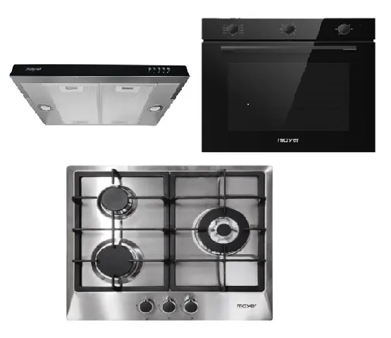 Mayer MMGH/SS633 60cm 3 Burner Glass Gas Hob   MMSI600HS 60 Cm Semi-integrated Slimline Hood   MMDO8R 60 cm Built-in Oven with Smoke Ventilation