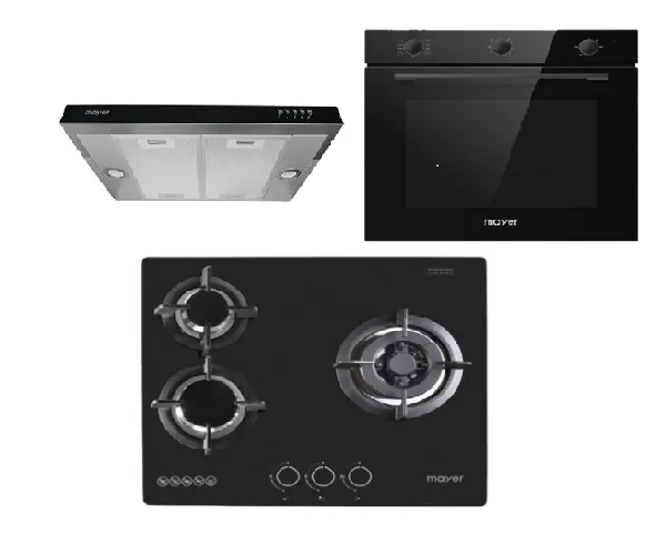 Mayer MMGH/SS633 60cm 3 Burner Glass Gas Hob   MMSI600HS 60 Cm Semi-integrated Slimline Hood   MMDO8R 60 cm Built-in Oven with Smoke Ventilation