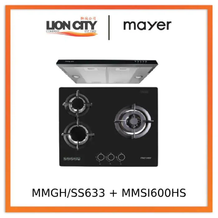 Mayer MMGH/SS633 60cm 3 Burner Glass Gas Hob   MMSI600HS 60 Cm Semi-integrated Slimline Hood