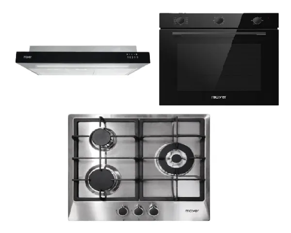 Mayer MMGH/SS633 60cm 3 Burner Glass Gas Hob   MMSI900LEDHS 90cm Semi-integrated Slimline Hood   MMDO8R 60 cm Built-in Oven with Smoke Ventilation