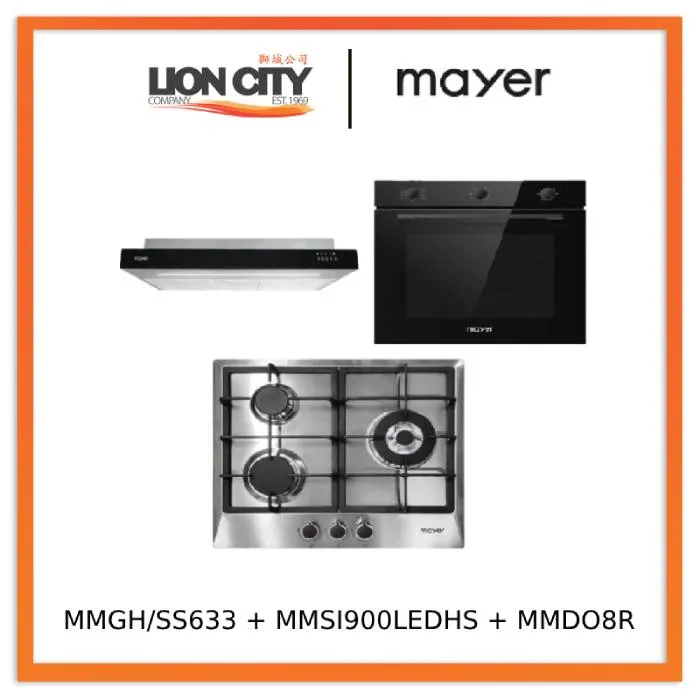 Mayer MMGH/SS633 60cm 3 Burner Glass Gas Hob   MMSI900LEDHS 90cm Semi-integrated Slimline Hood   MMDO8R 60 cm Built-in Oven with Smoke Ventilation