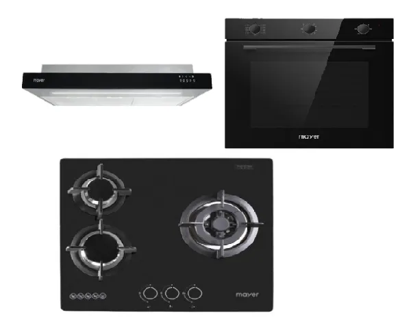 Mayer MMGH/SS633 60cm 3 Burner Glass Gas Hob   MMSI900LEDHS 90cm Semi-integrated Slimline Hood   MMDO8R 60 cm Built-in Oven with Smoke Ventilation