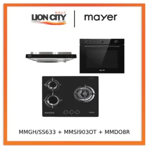 Mayer MMGH/SS633 60cm 3 Burner Glass Gas Hob   MMSI903OT Cm Semi-integrated Hood With Oil Tray   MMDO8R 60 cm Built-in Oven with Smoke Ventilation