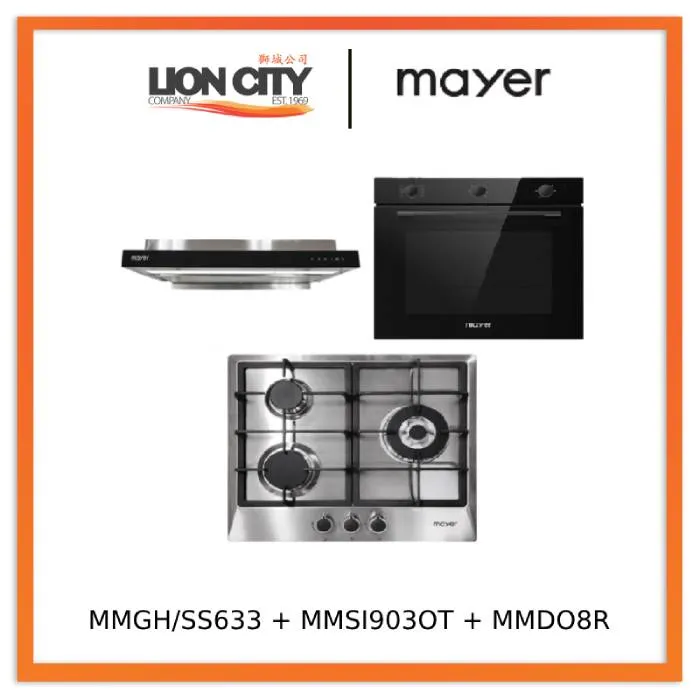 Mayer MMGH/SS633 60cm 3 Burner Glass Gas Hob   MMSI903OT Cm Semi-integrated Hood With Oil Tray   MMDO8R 60 cm Built-in Oven with Smoke Ventilation