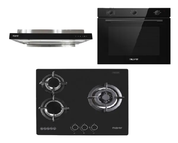Mayer MMGH/SS633 60cm 3 Burner Glass Gas Hob   MMSI903OT Cm Semi-integrated Hood With Oil Tray   MMDO8R 60 cm Built-in Oven with Smoke Ventilation